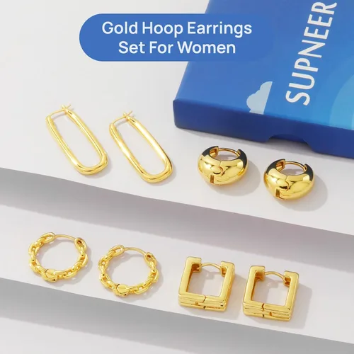 Miniatura 5 de Supneer Aretes de oro pequeños y gruesos para mujer, aretes cuadrados de oro para niñas, chapados en oro de 14 quilates, aretes de aro para regalo