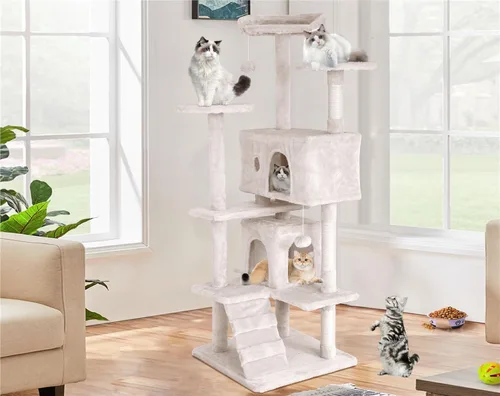 Miniatura 19 de Go Pet Club - Mueble de torre para gatos de varios niveles de 54 pulgadas de alto con poste rascador, juguetes y casa para gatos