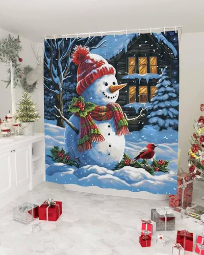 Miniatura 2 de Cortina de ducha con diseño de cardenales de muñeco de nieve para baño, casa de nieve de Navidad, pájaros rojos, lindo muñeco de nieve, sombrero