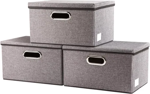 Miniatura 13 de PRANDOM Contenedor de almacenamiento plegable con tapa [1 unidad] Caja de almacenamiento decorativa de tela de lino, cesta organizadora con asas