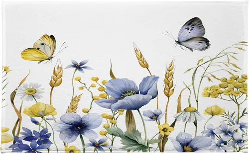 Miniatura 14 de HVEST Alfombra de baño con estampado de margaritas y margaritas, alfombra de baño rústica azul con estampado floral y mariposa para decoración