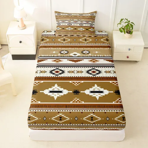 Miniatura 24 de Juego de ropa de cama occidental tamaño individual, sábanas aztecas, estilo nórdico exótico, bohemio, sábana bajera ajustable de tribu india