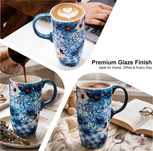Miniatura 8 de Topadorn Taza de Cerámica para Café de Porcelana Latte Taza de Té con Tapa en Caja de Regalo 17oz, Flores Azules