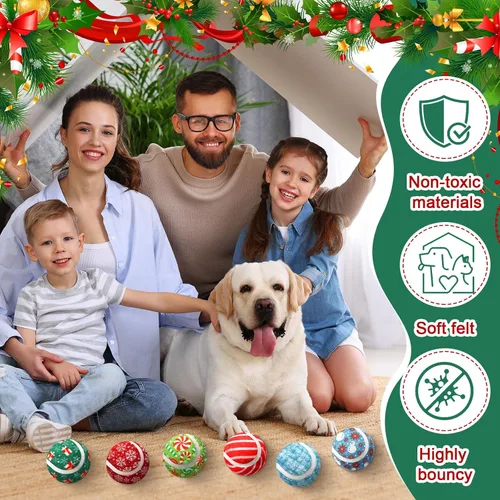 Miniatura 5 de Sosation Paquete de 6 pelotas de tenis chirriantes de Navidad para perros, pelotas de perro de 2.0 pulgadas, juguete interactivo duradero al aire