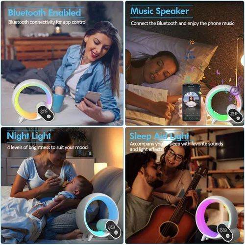 Miniatura 6 de Luz de despertador, reloj despertador inteligente para niños y bebés, máquina de sonido con 15 sonidos relajantes, altavoz Bluetooth, luz nocturna