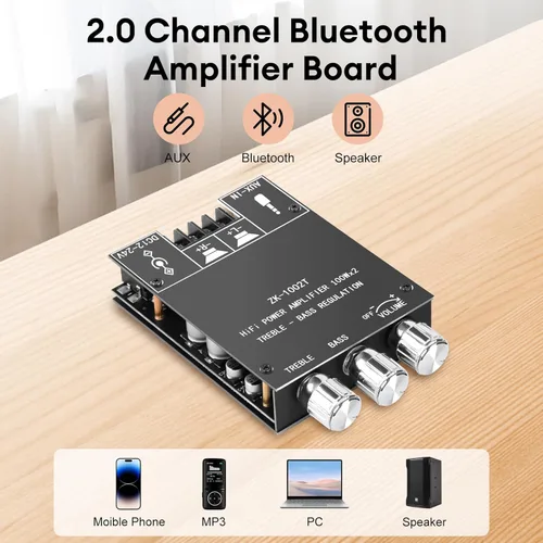 Miniatura 3 de Daakro ZK-1002T Placa amplificadora Bluetooth, placa amplificadora de 100W+100W de 2.0 canales con control de agudos/graves, DC 12-24V, entradas