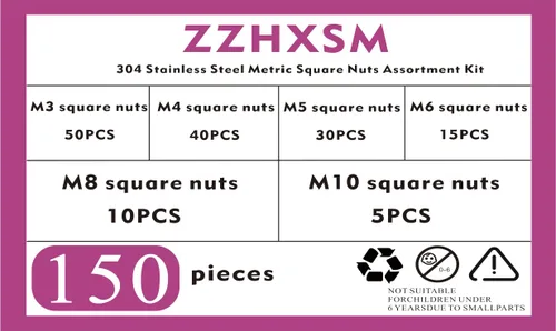 Miniatura 7 de Kit surtido de tuercas cuadradas métricas de acero inoxidable 304, 150 piezas, M3-M10, plata