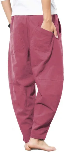 Miniatura 3 de PACEIADTA Pantalones casuales de lino para hombre, pantalones de playa de verano con cintura elástica suelta