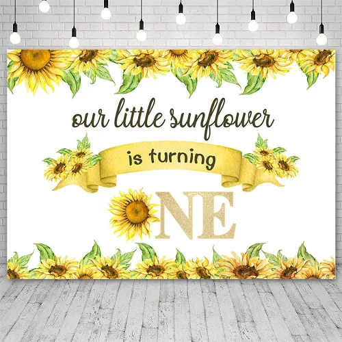 Miniatura 2 de Telón de fondo de feliz cumpleaños de 7 x 5 pies para bebé, niño y niña, con texto en inglés "Our Little Sunflower is Turning One", fondo blanco