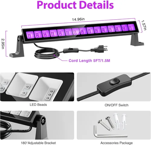 Miniatura 4 de Barra de luz LED negra de 45 W, luces negras para fiesta brillante, luz negra impermeable con enchufe e interruptor, luz de Halloween