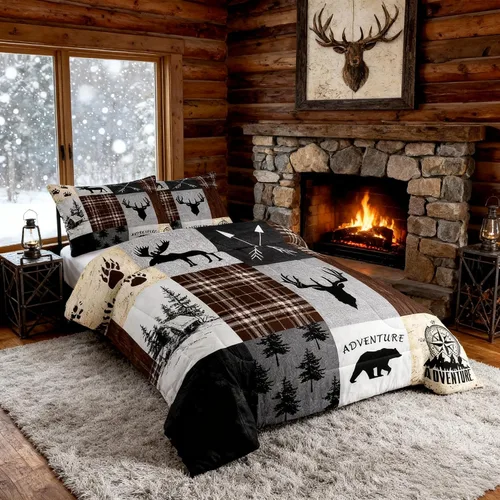 Juego de edredón de cuernos de ciervo tamaño individual, juego de ropa de cama rústica de granja con huellas de oso y pinos para decoración de