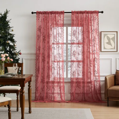 Miniatura 38 de SEEKRIGHT - 2 paneles de cortinas traslúcidas de encaje negro, cortinas góticas florales, cortinas victorianas con bolsillo para cortinero