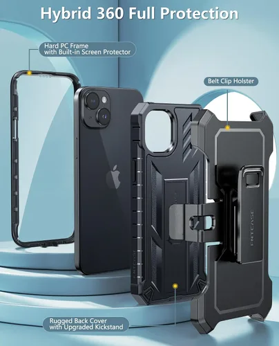 Miniatura 4 de FNTCASE Funda para iPhone 15 Plus: protección contra caídas Funda resistente con clip para cinturón y soporte de grado militar con textura mate TPU