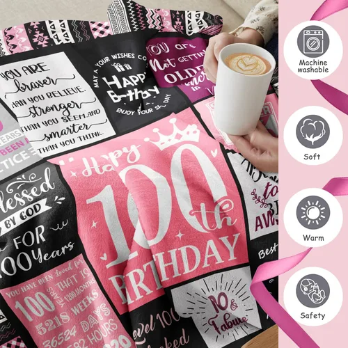 Miniatura 5 de Ivivis Regalos de 100º Cumpleaños para Mujeres Manta 60"x50", Suministros de Decoraciones para Fiesta de 100º Cumpleaños, Regalos de Feliz 100º