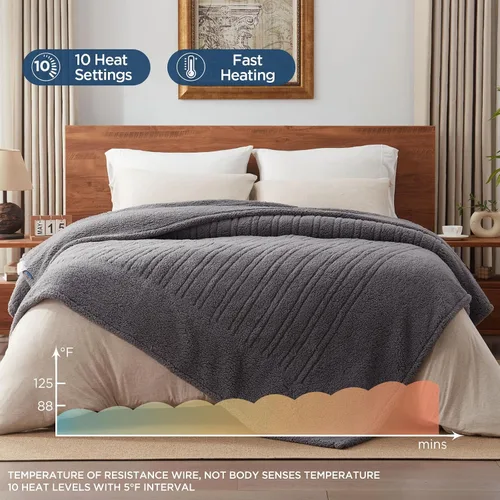 Miniatura 4 de Westinghouse Manta Eléctrica Tamaño Full, Manta Térmica de Felpa Suave Sherpa con 10 Niveles de Calefacción y 1-12 Horas de Apagado Automático, Gris