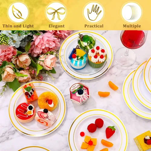 Miniatura 6 de Sieral 200 platos desechables de plástico para fiestas con borde de plástico duro, aperitivo, ensalada, postre de 7.5 pulgadas, elegante vajilla