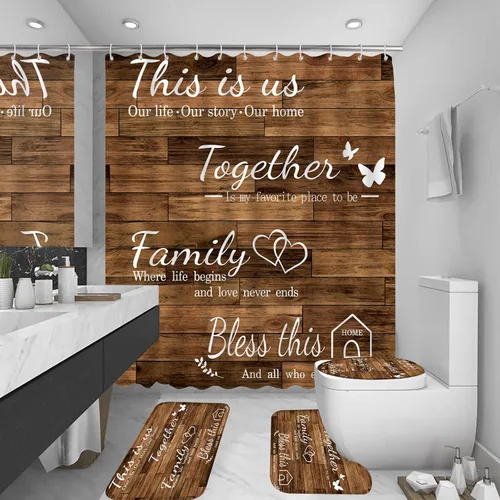 Miniatura 19 de Juego de 4 piezas de cortinas de ducha familiares con alfombras antideslizantes, cubierta para tapa de inodoro y tapete de baño, conjunto negro