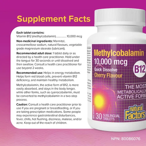 Miniatura 4 de Natural Factors Metilcobalamina 10,000 mcg - Suplemento de vitamina B12 en forma metabólicamente activa - Suplemento apoya la formación celular