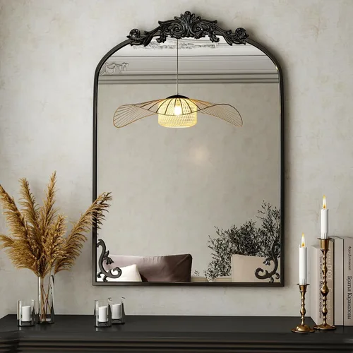 Espejo de baño arqueado de 38" x 26", espejo de pared con marco de metal tallado y arte tallado en la parte inferior, espejo de tocador para
