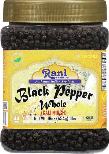 Rani Pimienta Negra Entera (Granos de Pimienta), Grado Premium MG-1 1lb (454g) Frasco PET a Granel ~ Todo Natural | Apto para Gluten | Sin GMO |