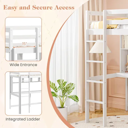 Miniatura 6 de Giantex Cama alta individual con escritorio y estantería, marco de cama alta de madera maciza con barandillas de seguridad y escalera, marco de cama