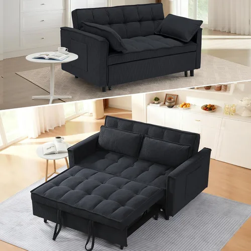 Miniatura 15 de CAPCAEK - Sofá cama convertible 3 en 1, sofá biplaza de terciopelo moderno con cama extraíble, sofá de salón pequeño con respaldo reclinable, negro