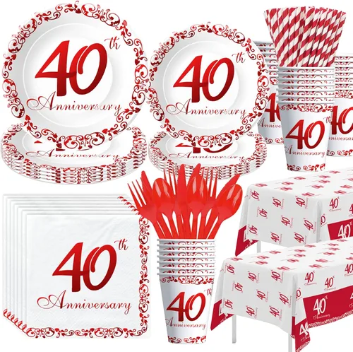 APOWBLS Vajilla para decoración del 40 aniversario, suministros de fiesta de aniversario de boda de rubí, platos de papel, vasos, servilletas,