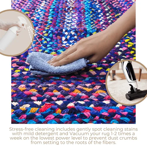 Miniatura 6 de RAJRANG Alfombra ovalada trenzada a mano de 2 x 3 pies, multicolor, bohemio, reversible, rústica, de algodón, alfombra Chindi geométrica