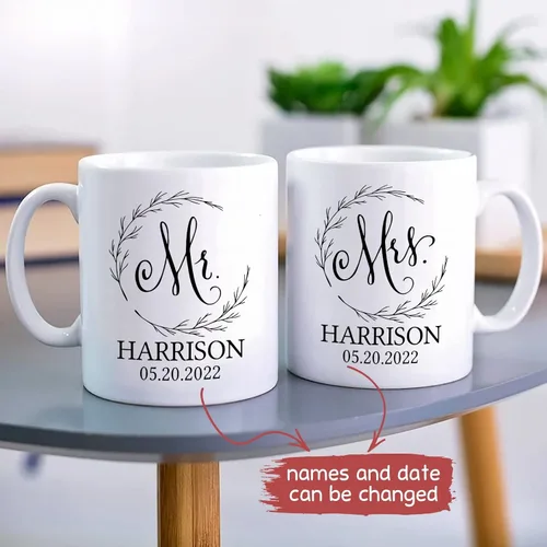 Miniatura 4 de Juego de tazas personalizadas de Mr & Mrs – Nombres personalizados, bodas, San Valentín, compromiso, regalos de despedida de soltera, tazas