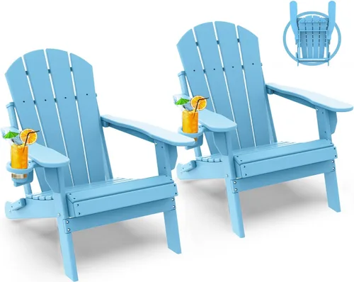 Miniatura 34 de GREENVINES Juego de 2 sillas plegables Adirondack Plástico HDPE Silla para hoguera Todo clima Portavasos Rojo para terraza, patio