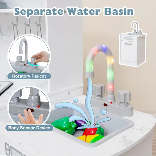 Miniatura 3 de Costzon Juego de cocina para niños, 2 piezas de juguete de cocina con luz, sonido, lavabo, microondas, pizarra, máquina de hielo, campana Blanco