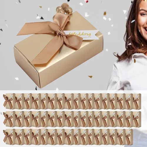 Miniatura 4 de Cajas de recuerdos de fiesta con lazo, 50 unidades, cinta de champán, caja de regalo de papel de caramelo, bolsas rectangulares con purpurina