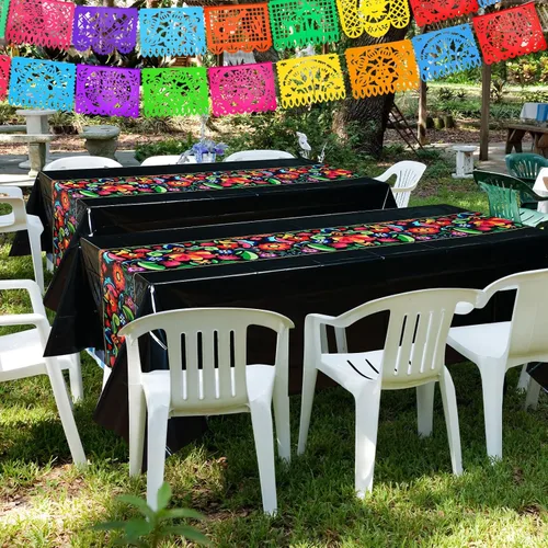 Miniatura 6 de Preboun Mantel de plástico mexicano y pancarta de papel picado mexicano, suministros de decoración de fiesta, cubierta de mesa para mesas