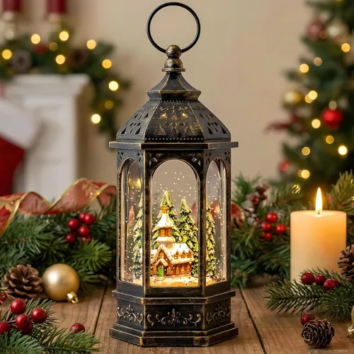 Miniatura 27 de Gnomos de Navidad de 10 pulgadas, linterna de globo de nieve iluminada, caprichoso árbol de Navidad y elfo escandinavo, linterna de agua musical