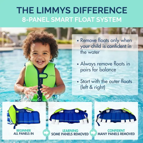 Miniatura 4 de Limmys Chaleco de natación para niños pequeños y niños, ayuda de natación de flotabilidad ajustable, certificado de seguridad CE, diseño galardonado