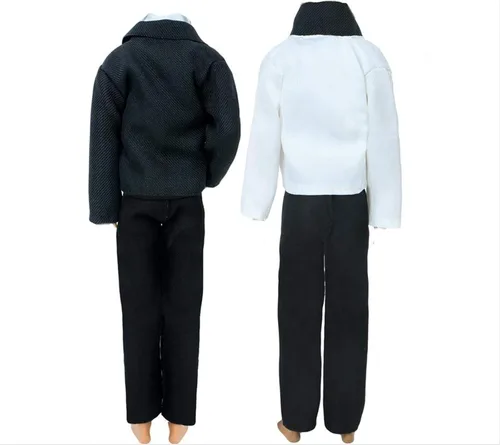 Miniatura 4 de 2 juegos de trajes formales de oficina que incluyen abrigo negro, abrigo blanco, camisa blanca con nudo de lazo, pantalones negros para novio
