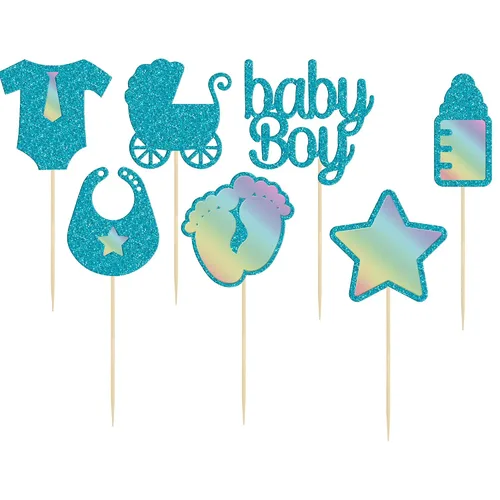 Miniatura 3 de Gyufise 28 piezas de decoración para cupcakes para baby shower de niño, estrella con purpurina azul, con estampado de pezón para bebé, niño, Oro