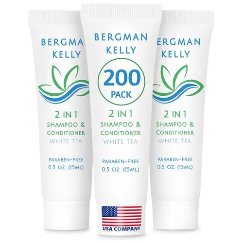 Bergman Kelly - Hotel 2 en 1 Champú y acondicionador - 0.5 fl oz, 200 PK, té blanco - Deleita a tus invitados con champú revitalizante y refrescante