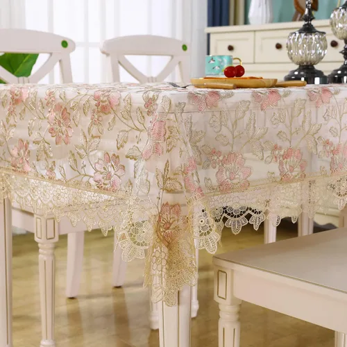 Mantel de encaje rosa bordado floral de ganchillo para decoración de macramé vintage cuadrado mantel de encaje Shabby Chic para comedor, cocina,