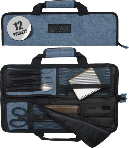 Asaya - Bolsa enrollable para cuchillos de chef - 12 bolsillos para cuchillos y utensilios de cocina - Nylon ligero, duradero y resistente a manchas
