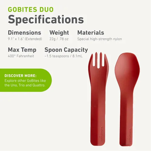 Miniatura 5 de humangear GoBites Duo and Bio Duo - Cubiertos de viaje, tenedor y cuchara portátil de tamaño completo, juego de utensilios reutilizables, sin PC