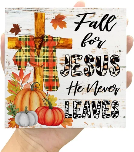 Miniatura 7 de LVQHI Letreros de madera de otoño con texto en inglés «Fall for Jesus He Never Leaves» con cruz de calabaza para el hogar, dormitorio, oficina, Caer