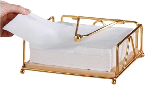 Miniatura 3 de Servilletero plano para servilletero, dispensador de servilletas de metal con brazo de tensión ponderada y base de madera, organizador de Oro