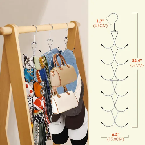 Miniatura 7 de Percha para bufandas, paquete de 2 unidades, 24 almacenamientos, colgador de bolso con gancho giratorio de 360, organizador de bufandas para Plateado