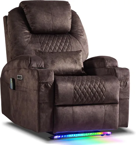 Miniatura 15 de AHMED Silla reclinable eléctrica con masaje por vibración y calor para adultos, asiento de cine en casa de piel sintética con portavasos, luces LED