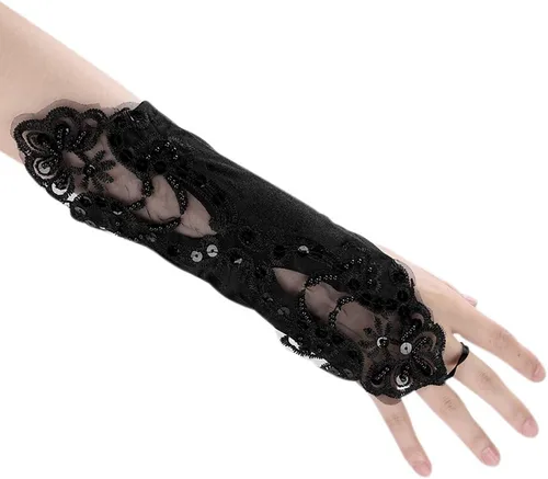 Miniatura 6 de HAOZAIKEJI - Guantes de encaje floral sin dedos, guantes de novia con lentejuelas para mujer, ropa de mano, boda, graduación, fiesta, mitón vintage