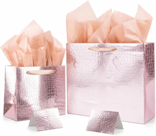 Lyforpyton Paquete de 2 Bolsas de Regalo de Oro Rosa con Papel de Seda con Patrón de Cocodrilo Regalo para Fiestas de Cumpleaños, Bodas, Grande