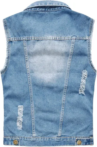 Miniatura 4 de Pishon Chaleco de mezclilla sin mangas para hombre casual ajustado rasgado clásico con botones