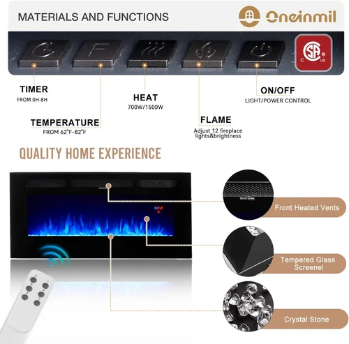 Miniatura 5 de oneinmil Soporte de TV con chimenea eléctrica de 36 pulgadas, centro de entretenimiento con luz LED, soporte de entretenimiento con textura
