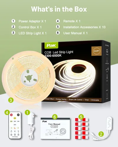 Miniatura 7 de Tira de luces LED COB de 32.8 pies, regulable, temperatura de color blanca ajustable de 2300K-6500K, cinta de luz LED de corte de alta luminosidad
